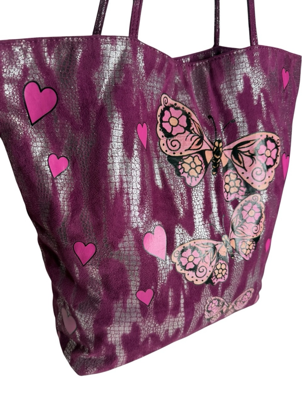 Ed Hardy Shimmery Magenta Butterfly Heart Tote